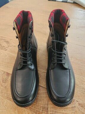 Ralph Lauren Men's Rolan Black Leather Lace-Up Ankle Boots with Plaid Cuff 9.5